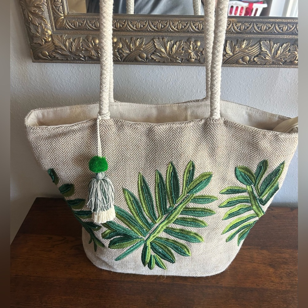 HaaVee Astrid Embroidered Jute Palm Leaf Beach Resort Vacation Tote Bag